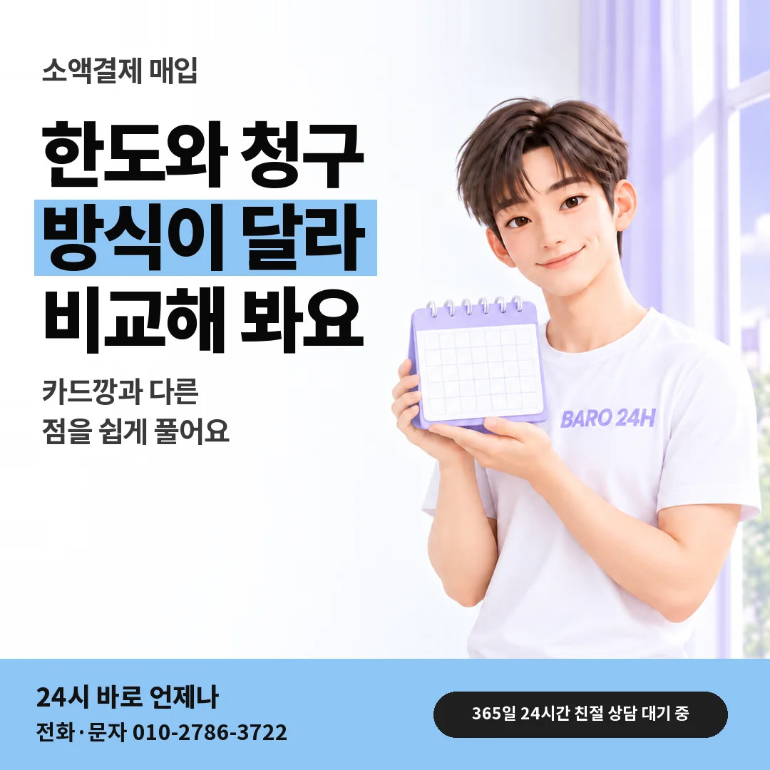 달력을 든 BARO 24H 티셔츠를 입은 3D 인물 옆에 「카드깡과 다른 점」 제목을 얹은 안내 카드