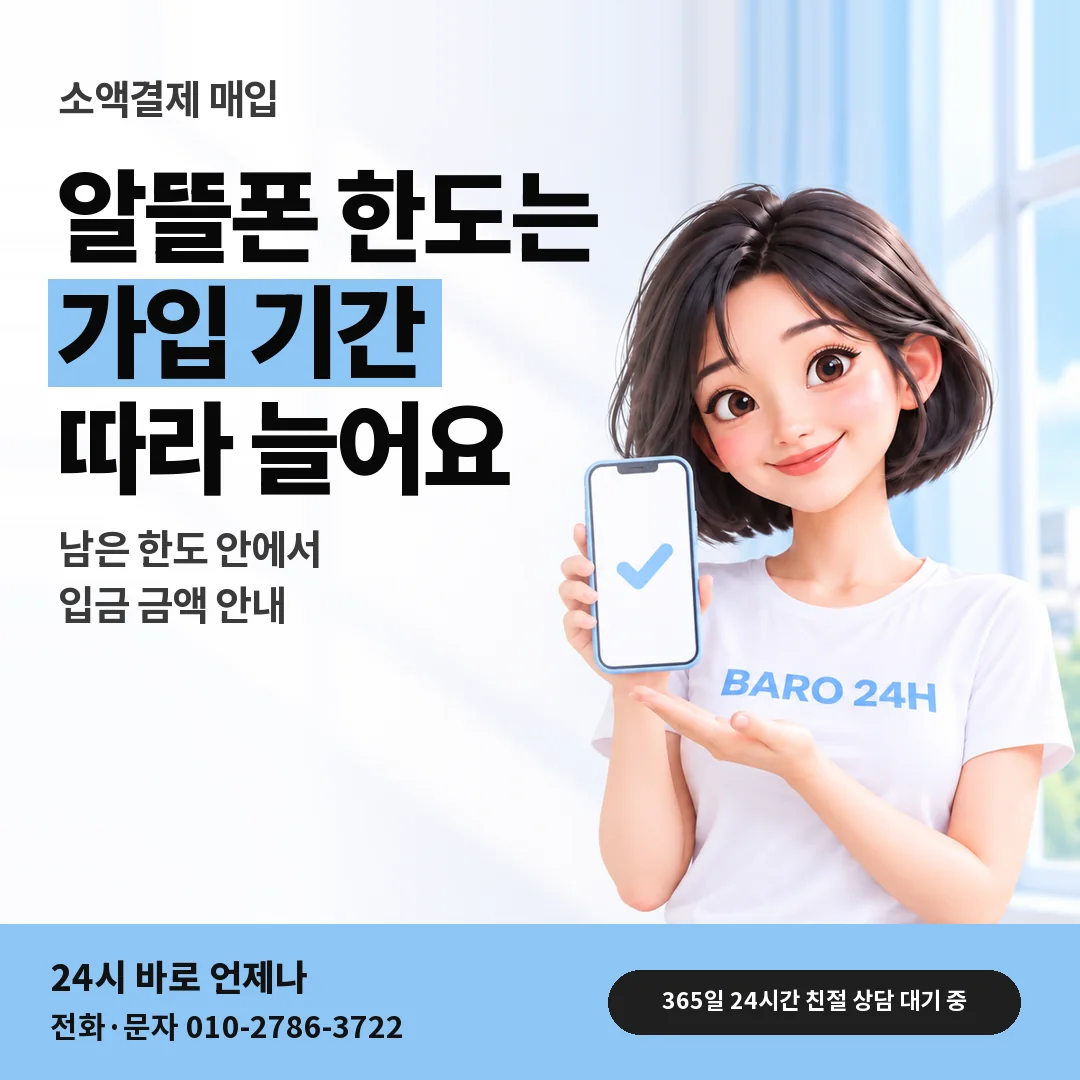 휴대폰을 든 BARO 24H 티셔츠를 입은 3D 인물 옆에 「알뜰폰 가입 기간과 한도」 제목을 얹은 안내 카드