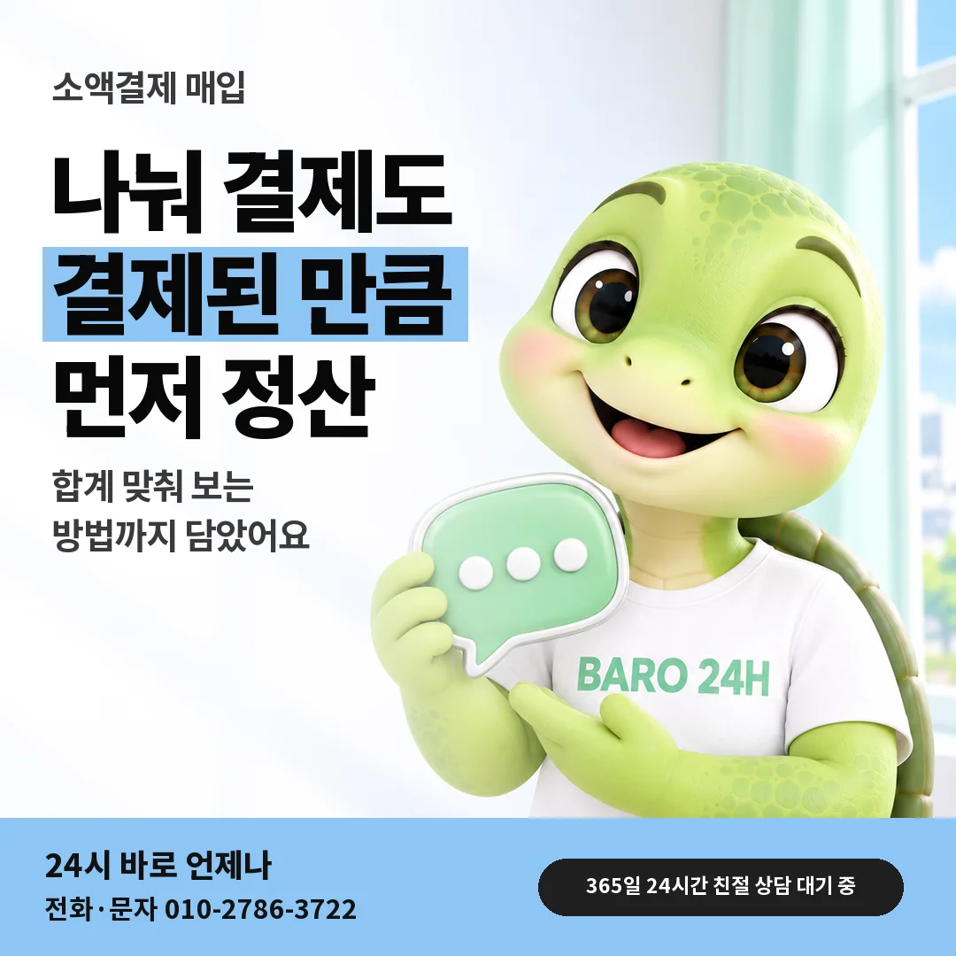 말풍선을 든 BARO 24H 티셔츠를 입은 3D 거북이 캐릭터 옆에 「나눠 결제한 뒤 입금」 제목을 얹은 안내 카드