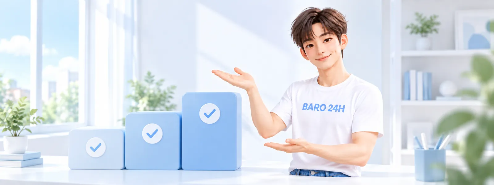 「진행 순서」 주제를 표현한 3D 인물 일러스트